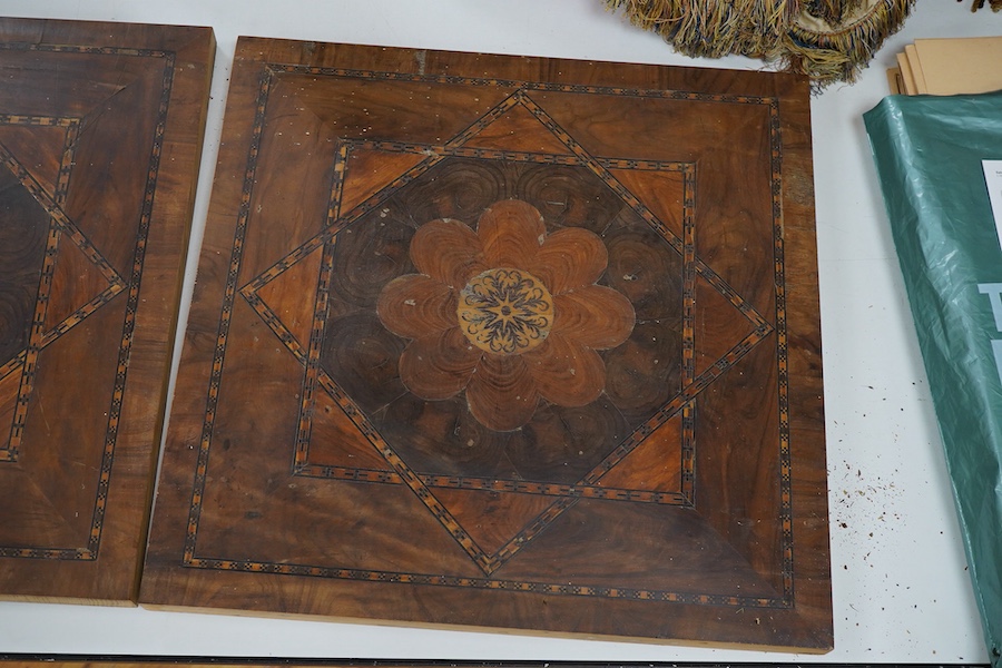 A pair of 19th century oyster laburnum/walnut and parquetry inlaid panels, 47cm sq
